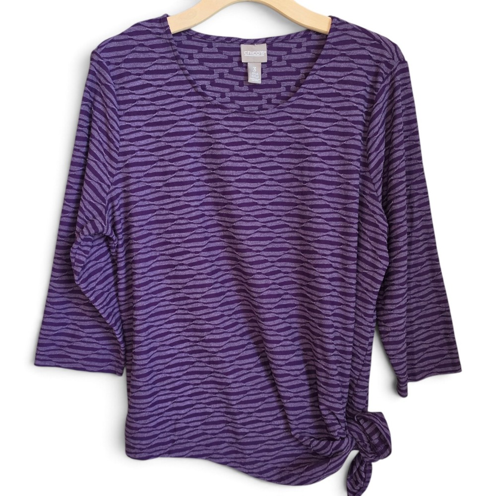 Chicos Top Womens Size 3 XL Purple Wavy Textured Knit Side Tie Hem 3/4 Sleeve